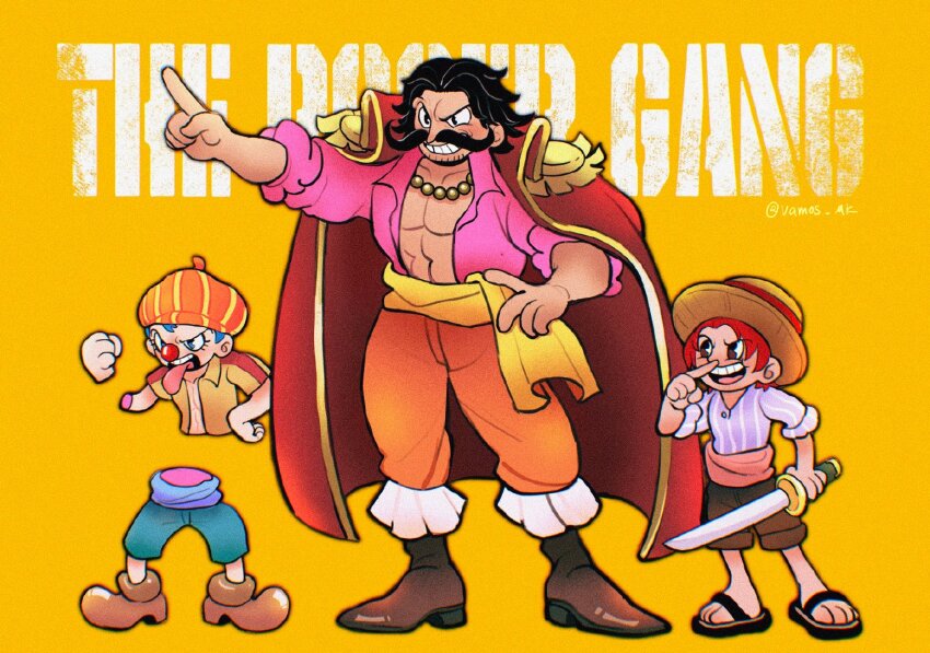 3boys arm_up black_hair blue_hair blue_pants brown_eyes brown_shoes brown_shorts buggy_the_clown cape clenched_hand facial_hair gol_d._roger grin handlebar_mustache hat holding holding_sword holding_weapon index_finger_raised male_focus multiple_boys mustache one_piece open_clothes open_shirt orange_background orange_hat orange_pants pac-man_eyes pants red_cape rubber_hose_(style) sandals shanks_(one_piece) shoes shorts smile sparse_stubble standing straw_hat sword vamos_mk weapon