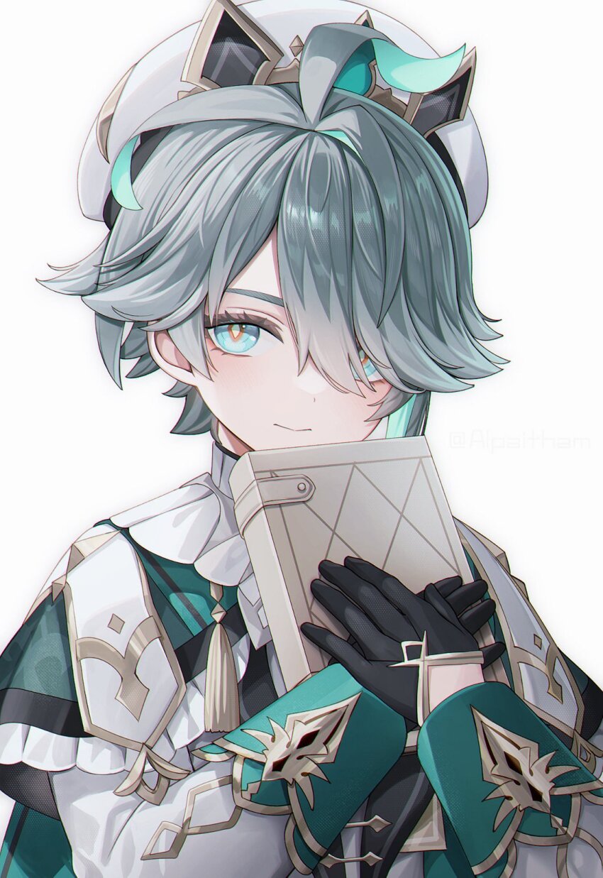 aged_down alhaitham_(genshin_impact) alpaitham aqua_eyes aqua_hair beret bishounen black_gloves book closed_mouth cosplay dahlia_(genshin_impact) dahlia_(genshin_impact)_(cosplay) genshin_impact gloves grey_hair hair_between_eyes hair_over_one_eye hat highres holding holding_book long_sleeves looking_at_viewer male_focus multicolored_hair shirt short_hair streaked_hair white_background white_hair white_hat white_shirt
