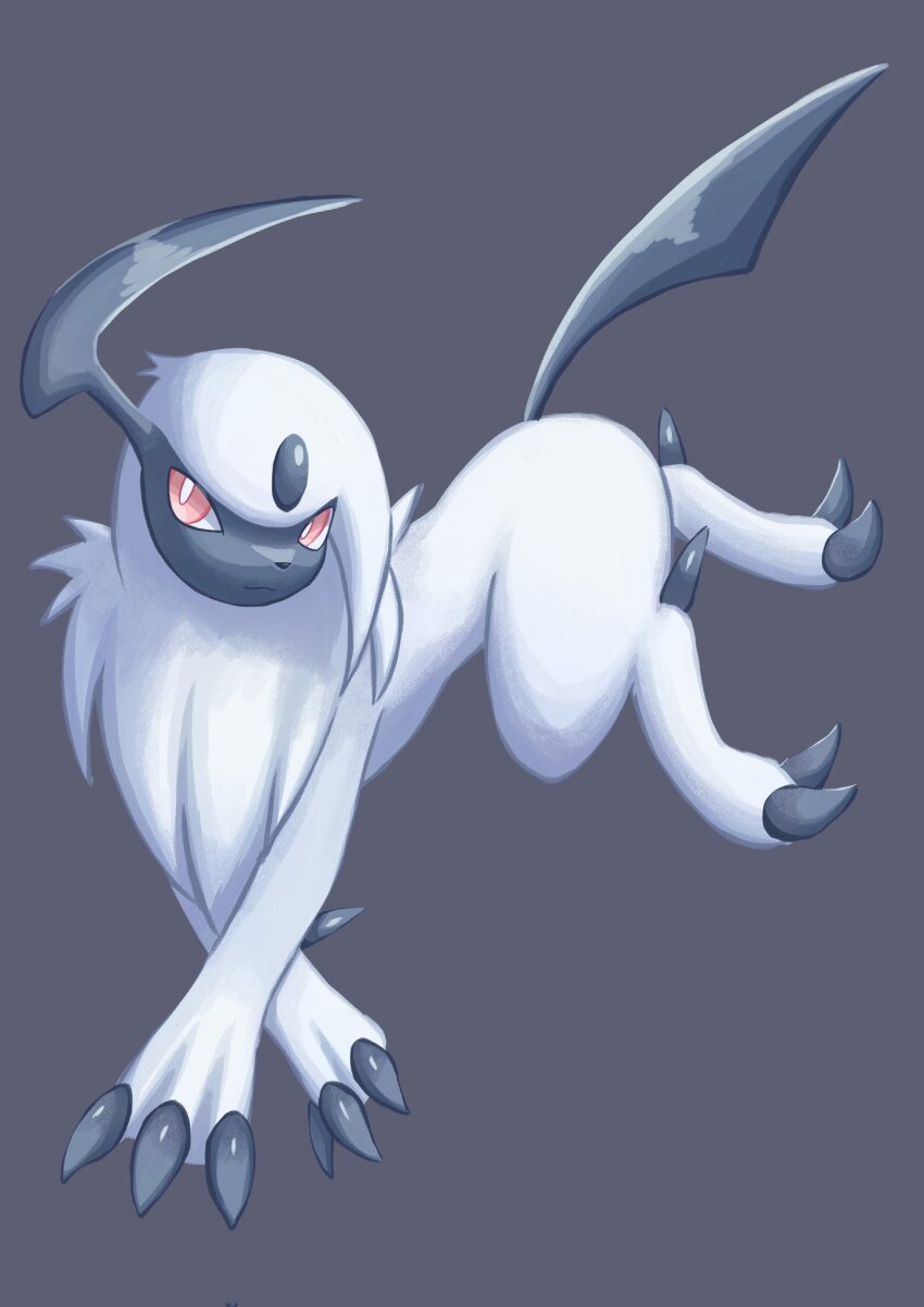 absol animal_focus bright_pupils claws closed_mouth forehead_jewel gen_3_pokemon highres horns nintendo no_humans pink_eyes pokemon pokemon_(creature) simple_background single_horn smile solo soruva_359 white_hair white_pupils