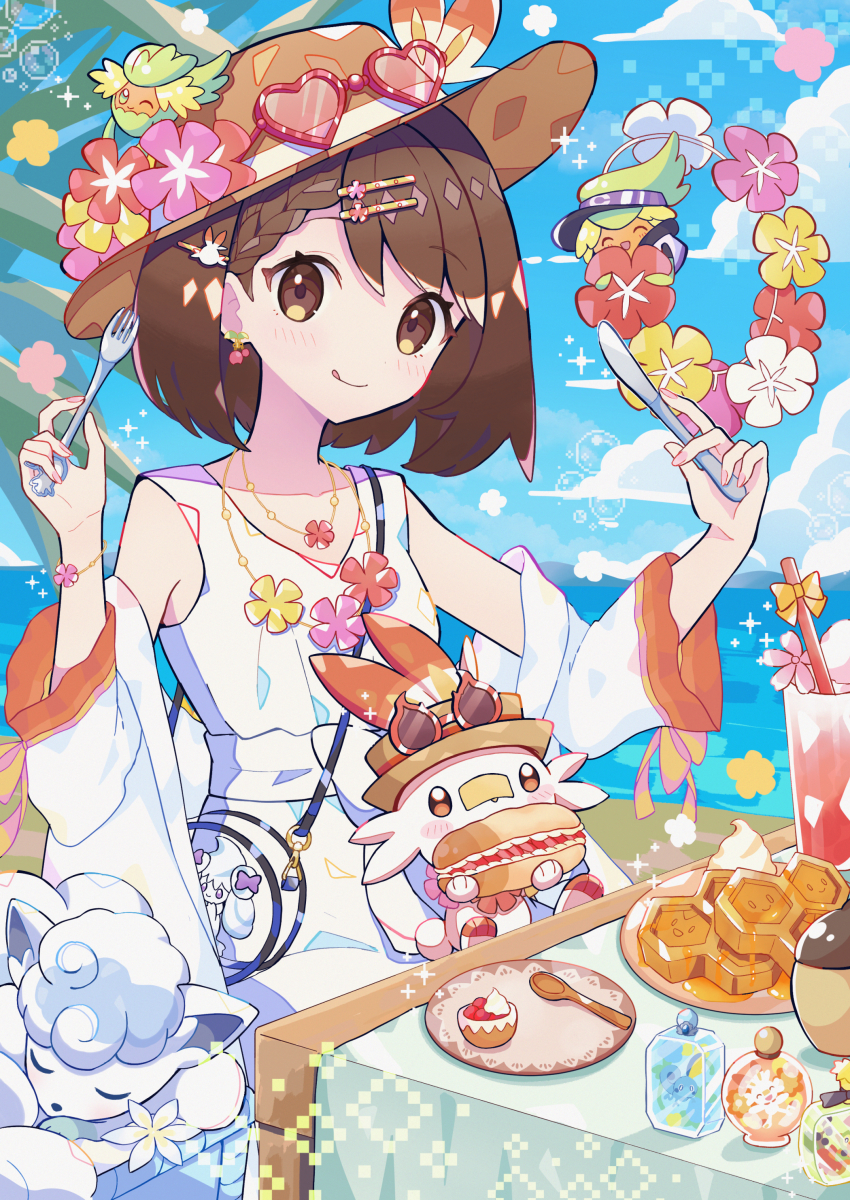 1girl absurdres alcremie alolan_form alolan_vulpix brown_eyes brown_hair cake cherubi closed_eyes combee comfey dress eating flower food fruit gen_4_pokemon gen_7_pokemon gen_8_pokemon gloria_(pokemon) grookey haru_(haruxxe) hat highres knife nintendo pokemon pokemon_(creature) pokemon_swsh rabbit scorbunny short_hair sleeping smile sobble strawberry white_dress