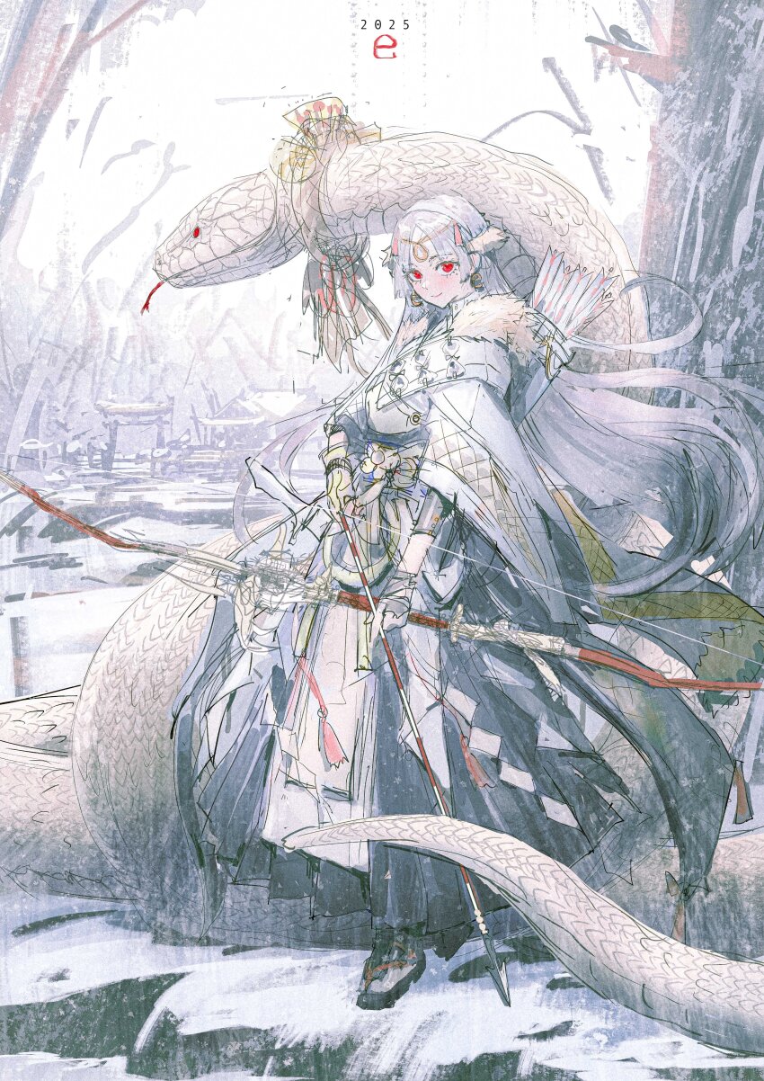1girl 2025 absurdres animal arrow_(projectile) bow_(weapon) chinese_zodiac commentary full_body highres holding holding_arrow holding_bow_(weapon) holding_weapon japanese_clothes long_hair looking_at_viewer original outdoors quiver red_eyes snake standing tokiki_(tomok1) torii weapon white_hair white_snake year_of_the_snake