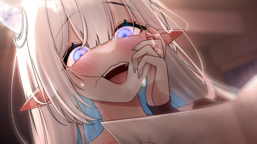 1girl blue_hair blurry blurry_background blush close-up colored_inner_hair ear_blush grey_nails hair_in_own_mouth halo_sweety halo_sweety_(artist) highres horns indie_virtual_youtuber long_hair long_sleeves mole mole_under_eye multicolored_hair open_mouth pointy_ears purple_eyes solo sweat teeth upper_teeth_only virtual_youtuber