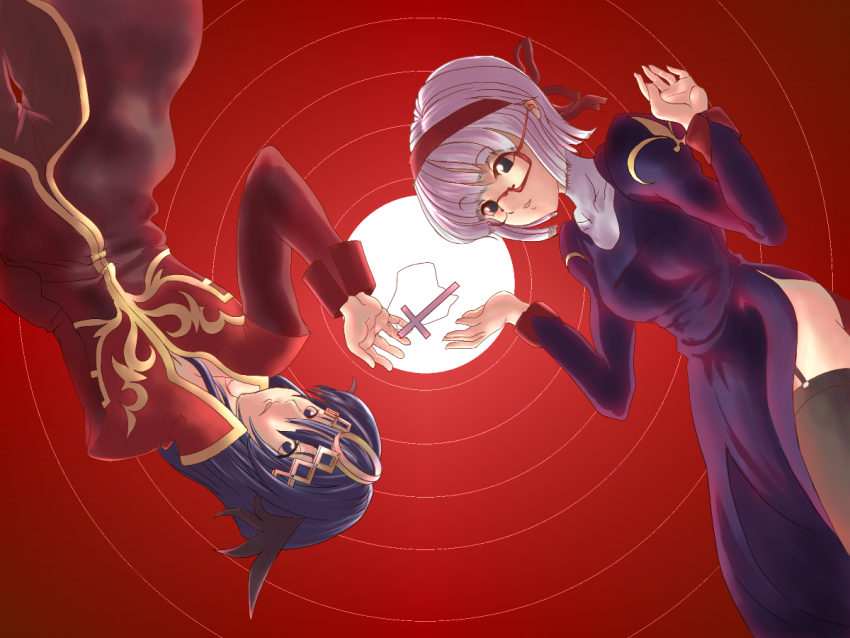 1boy 1girl black_eyes black_thighhighs black_wings breasts brown_coat circlet coat commentary_request cowboy_shot cross cross_necklace dress garter_straps glasses gold_trim hair_ribbon hairband head_wings jewelry juliet_sleeves long_hair long_sleeves looking_at_another medium_breasts multicolored_coat necklace open_mouth priest_(ragnarok_online) puffy_sleeves purple_dress purple_hair ragnarok_online red-framed_eyewear red_background red_coat red_hairband red_ribbon ribbon short_hair smile thighhighs two-tone_coat white_hair wings y_(libra1017)