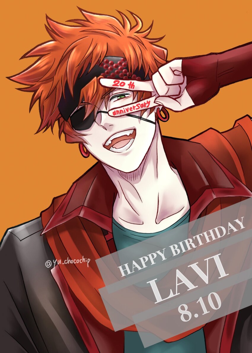 1boy anniversary birthday black_headband black_jacket black_order_uniform collarbone collared_jacket d.gray-man earrings eyepatch fingerless_gloves gloves green_eyes green_shirt hair_between_eyes happy_anniversary happy_birthday headband highres hoop_earrings jacket jewelry lavi looking_at_viewer male_focus messy_hair one_eye_covered open_mouth orange_background orange_hair red_gloves red_scarf scarf shirt short_hair sidelocks signature simple_background smile solo striped_clothes striped_headband striped_jacket teeth twitter_username v vertical-striped_clothes vertical-striped_jacket yu_chocochip