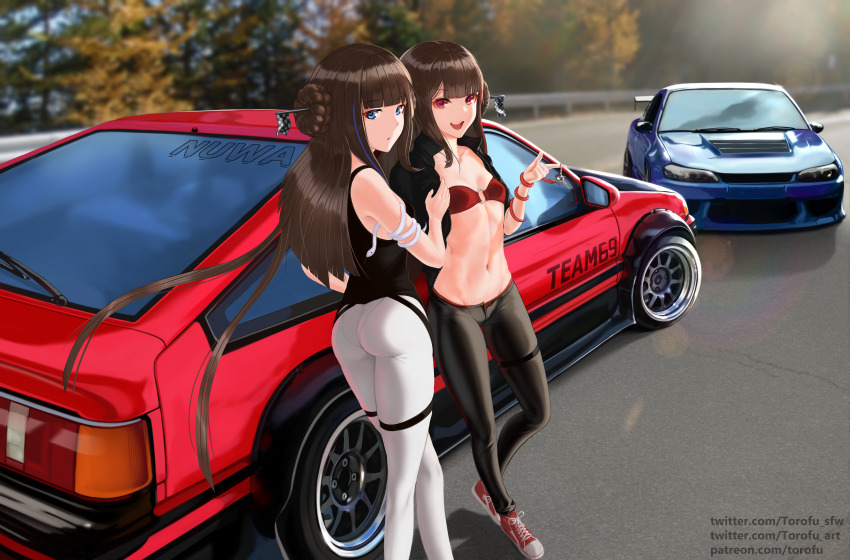 2girls absurdres ass bikini bikini_top_only black_legwear blue_eyes breasts brown_hair car collarbone double_bun fuxi_(honkai_impact) hair_bun highres honkai_(series) honkai_impact_3rd long_hair looking_at_viewer motor_vehicle multiple_girls nissan nissan_silvia nissan_silvia_s15 nuwa_(honkai_impact) o-ring o-ring_top open_mouth outdoors pantylines pointing racing red_bikini red_eyes siblings single_hair_bun small_breasts snake swimsuit thighs torofu toyota toyota_sprinter_levin toyota_sprinter_trueno twins vehicle_focus white_legwear