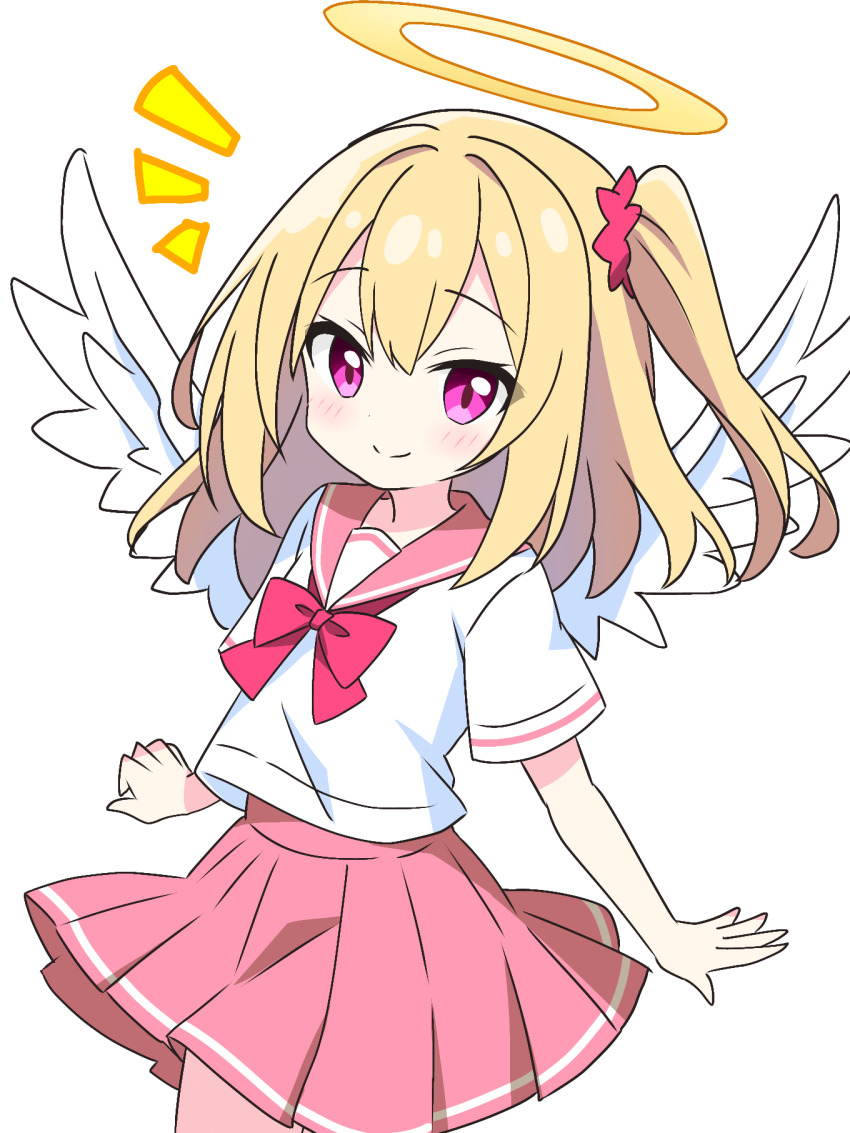 1girl angel angel_wings blonde_hair blush bow bowtie closed_mouth commentary_request cowboy_shot dot_nose feathered_wings halo highres kotatsu-mazoku looking_at_viewer medium_hair notice_lines one_side_up original pink_bow pink_bowtie pink_eyes pink_sailor_collar pink_skirt pleated_skirt sailor_collar school_uniform serafuku shirt short_sleeves simple_background skirt smile solo traditional_halo white_background white_shirt wings