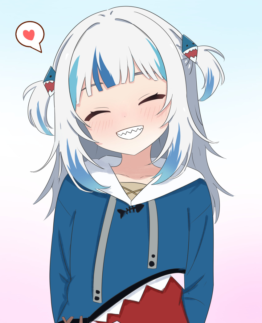 1girl absurdres animal_costume blue_hair blue_hoodie blush closed_eyes closed_mouth doffln90427 gawr_gura gawr_gura_(1st_costume) hair_ornament heart highres hololive hololive_english hood hoodie medium_hair multicolored_hair shark_costume shark_hair_ornament sharp_teeth smile solo spoken_heart streaked_hair teeth two_side_up virtual_youtuber white_hair