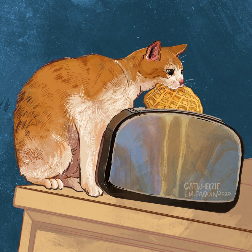 absurdres animal_focus artist_name cat catwheezie food highres mouth_hold no_humans orange_cat original shelf toaster waffle