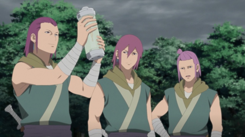3boys arms_up asaka_(naruto) green_shirt grey_background long_hair male_focus multiple_boys naruto_(series) naruto_shippuuden nature purple_hair shirt