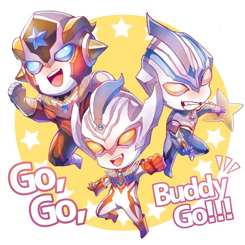 3boys :d absurdres alien arm_up armor black_skin blue_eyes blue_gemstone blue_skin boots chibi clenched_hand color_timer colored_skin commentary_request english_text facial_mark fang forehead_jewel forehead_mark gem gloves highres horns male_focus mtkg_05 multicolored_skin multiple_boys no_pupils open_mouth orange_eyes red_footwear red_gloves red_skin silver_footwear silver_gloves silver_skin smile star_(symbol) taiga_spark tokusatsu ultra_series ultraman_fuma ultraman_taiga ultraman_taiga_(series) ultraman_titas