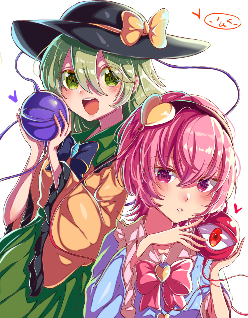 2girls black_bow black_bowtie black_hairband black_hat blue_shirt blush bow bowtie breasts buttons collared_shirt commentary_request cowboy_shot diamond_button frills green_eyes green_hair green_skirt hair_between_eyes hairband hands_up hat hat_bow heart heart_button heart_ornament highres komeiji_koishi komeiji_satori looking_at_viewer medium_breasts minchia_(wncm5544) multiple_girls open_mouth pink_bow pink_bowtie pink_hair purple_eyes red_eyes shirt short_hair siblings simple_background sisters skirt smile standing teeth third_eye touhou upper_body white_background yellow_bow yellow_shirt