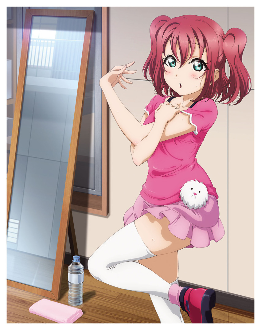 1girl bottle exercising green_eyes highres indoors kurosawa_ruby looking_to_the_side love_live! love_live!_sunshine!! mirror official_art open_mouth pink_shirt pink_skirt red_hair shirt short_hair skirt standing twintails water_bottle