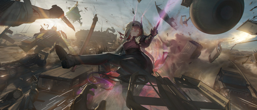1girl absurdres aircraft arknights ascalon_(arknights) battle black_pants bow_(weapon) car crossbow demon_horns demon_tail explosion hair_between_eyes helicopter highres holding holding_crossbow holding_knife holding_weapon hood hooded_jacket horns jacket knife long_hair looking_at_viewer motor_vehicle open_clothes open_jacket outdoors pants pov pov_hands purple_hair purple_shirt shirt sileeeeence solo_focus tail weapon wide_shot
