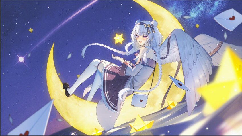 1girl :d bare_shoulders blush braid cluseller crescent_moon double_bun elia_stellaria feathered_wings hair_bun highres long_hair looking_at_viewer moon on_crescent open_mouth print_skirt purple_eyes purple_skirt shirt skirt smile star_(sky) star_(symbol) star_print stellated_octahedron thighhighs twin_braids v-dere virtual_youtuber white_hair white_shirt white_thighhighs white_wings wings