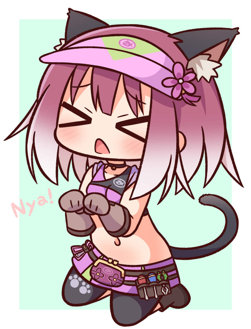 &gt;_&lt; 1girl animal_ear_fluff animal_ears bare_shoulders black_leggings black_shirt blush boots breasts brown_boots brown_gloves cat_ears cat_girl cat_tail chibi closed_eyes commentary_request crop_top facing_viewer flower full_body gloves gradient_hair green_background hair_between_eyes hana_kazari hands_up hat highres kneeling leggings multicolored_hair navel nyan parted_lips pink_hat pink_skirt pleated_skirt princess_connect! purple_flower purple_hair revision shirt skirt sleeveless sleeveless_shirt small_breasts solo tail tamaki_(mechanic)_(princess_connect!) tamaki_(princess_connect!) two-tone_background visor_cap white_background white_hair