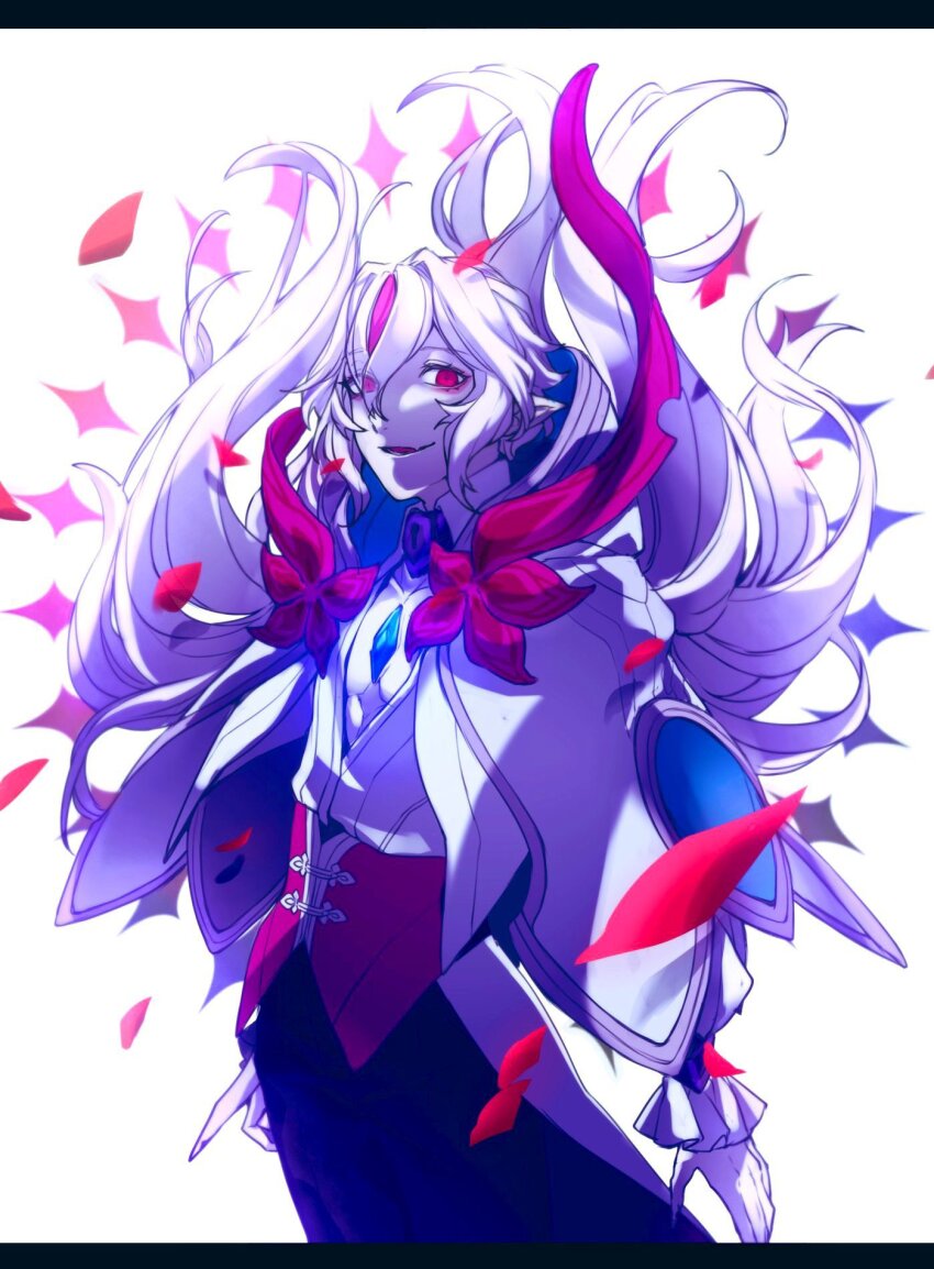 1boy alternate_color arms_at_sides black_pants blue_gemstone capelet center_opening chest_jewel collar collared_shirt corset cowboy_shot eyeshadow falling_petals fang fingernails floating_hair flower_ornament frilled_sleeves frills gem gen_8_pokemon grimmsnarl hair_between_eyes hair_floating_upwards highres keyhole lock lollypopcandy8050 long_hair long_sleeves looking_at_viewer makeup male_focus multicolored_hair nintendo pants parted_lips pectoral_cleavage pectorals personification petals pink_corset pink_eyes pink_eyeshadow pink_hair pointy_ears pokemon puffy_long_sleeves puffy_sleeves red_petals sharp_fingernails shiny_pokemon shirt sidelocks sideways_glance simple_background skin_fang smile solo standing streaked_hair supportasse very_long_hair waist_cape wavy_hair white_background white_capelet white_hair white_shirt
