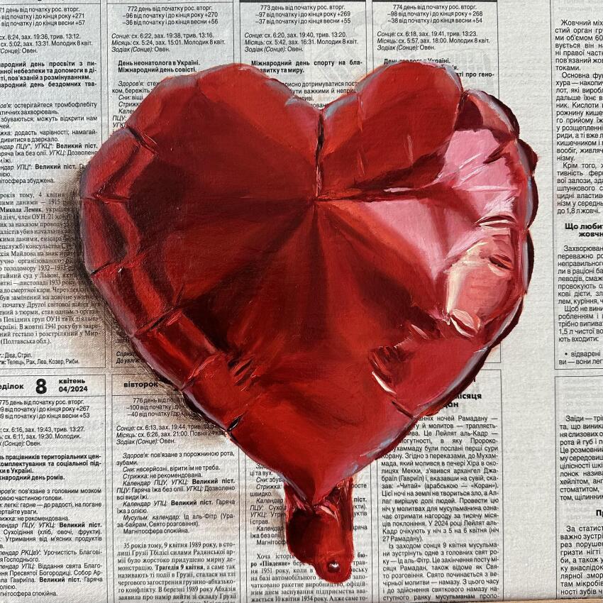 absurdres balloon heart_balloon highres julia_stankevych newspaper no_humans oil_painting_(medium) original painting_(medium) realistic signature still_life traditional_media wall_of_text