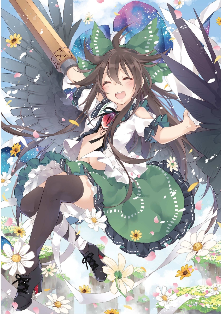 1girl :d ^_^ absurdres ahoge arm_cannon arm_up black_hair black_shoes black_thighhighs black_wings bow cape cape_hold closed_eyes clothing_cutout collared_shirt day falling_petals feathered_wings flower frilled_shirt_collar frilled_skirt frills full_body green_bow green_hair green_ribbon hair_between_eyes hair_bow high_heels highres long_hair neck_ribbon open_clothes open_mouth open_shirt outdoors petals puffy_short_sleeves puffy_sleeves reiuji_utsuho ribbon shirt shoes short_sleeves shoulder_cutout skirt smile solo starry_sky_print teeth thighhighs third_eye touhou toutenkou two-sided_cape two-sided_fabric unbuttoned unbuttoned_shirt upper_teeth_only very_long_hair weapon white_cape white_flower wings yellow_flower