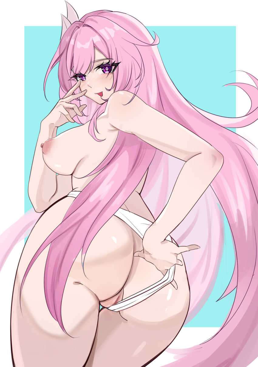 1girl ass blue_background border breasts clothing_aside commentary diamond-shaped_pupils diamond_(shape) elysia_(herrscher_of_human:_ego)_(honkai_impact) elysia_(honkai_impact) from_behind hair_ornament highres honkai_(series) honkai_impact_3rd large_breasts long_hair nipples panties panties_aside purple_eyes pussy qingshi_(jntw5555) solo symbol-shaped_pupils tongue tongue_out topless_female underwear very_long_hair white_border white_panties