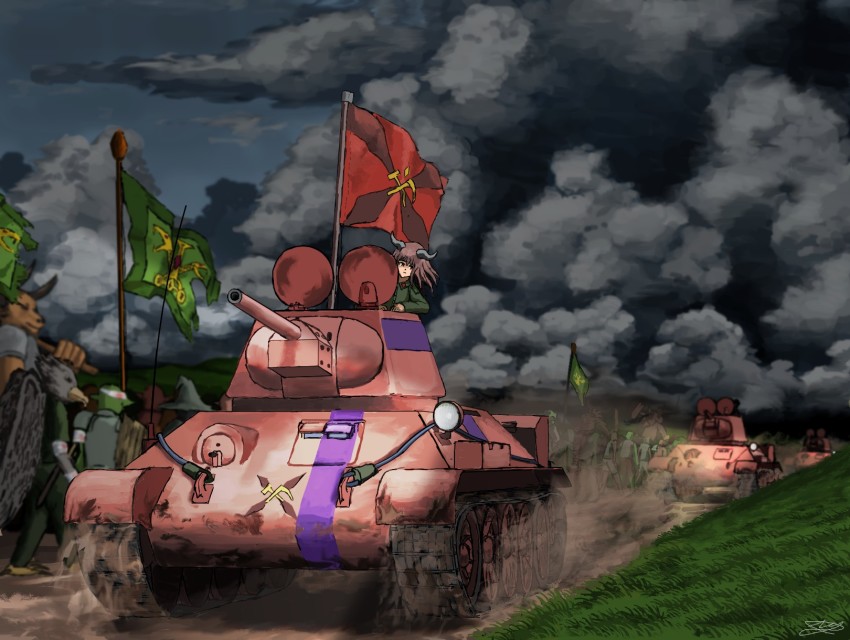 1girl 6+others brown_eyes brown_hair caterpillar_tracks cloud cloudy_sky fantasy flag flag_on_vehicle grass hans_(pixiv_37537768) highres holding holding_weapon horns landscape military military_uniform military_vehicle motor_vehicle multiple_others original scenery sky t-34 tank weapon