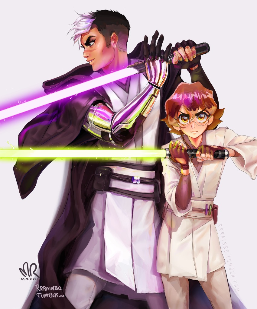 1boy 1girl absurdres energy_sword highres holding holding_sword holding_weapon hyakujuu-ou_golion jedi lightsaber multicolored_hair pidge_gunderson purple_lightsaber reverse_trap rrrainbo scar star_wars sword takashi_shirogane two-tone_hair voltron:_legendary_defender voltron_(series) weapon yellow_lightsaber