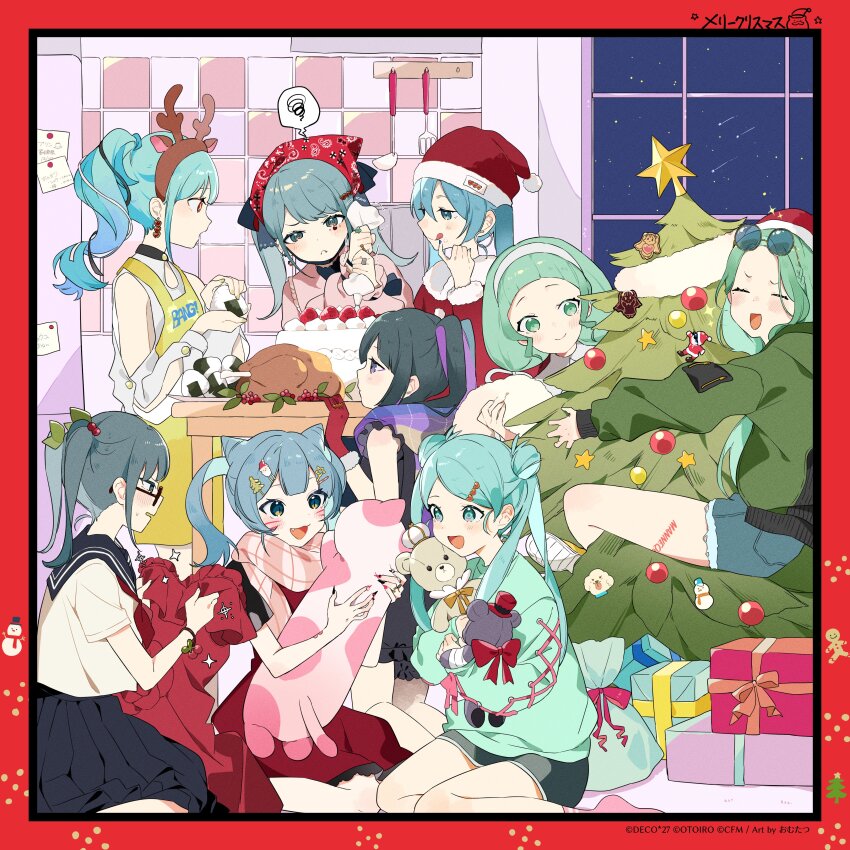 1koma 6+girls absurdres animal_(vocaloid) antlers apron aqua_eyes aqua_hair aqua_shirt bag bandana black_skirt blue_eyes blue_hair blunt_bangs blush box cake choker christmas christmas_ornaments christmas_tree christmas_tree_hair_ornament cinderella_(vocaloid) closed_eyes comic commentary copyright_name dark_green_hair double_bun dress drinking_straw facial_mark fang film_grain food frown fur-trimmed_dress fur-trimmed_headwear fur_trim gift gift_(vocaloid) gift_box glasses green_jacket hair_bun hair_ornament hair_ribbon hairband hatsune_miku highres holding holding_bag holding_pastry_bag holding_stuffed_toy holding_unworn_clothes holding_unworn_dress holly horns hugging_object indoors jacket jewelry joutai_ijou_kanojo_(vocaloid) kesaran_pasaran_(vocaloid) ladle leg_tattoo long_hair multicolored_hair multiple_girls multiple_persona neckerchief night note omutatsu onigiri open_mouth pastry_bag pink_shirt plaid_clothes plaid_scarf purple_hair red_dress red_eyes red_headwear red_neckerchief refrigerator reindeer_antlers ribbon ring sailor_collar santa_costume scarf school_uniform second-party_source shirt sitting skirt smile spatula spoken_squiggle squeezing squiggle star_(symbol) star_ornament stuffed_animal stuffed_toy sweat tattoo teddy_bear trembling turkey_(food) twintails u_(vocaloid) v-shaped_eyebrows vampire_(vocaloid) very_long_hair vocaloid wariza whisker_markings white_shirt window yellow_apron