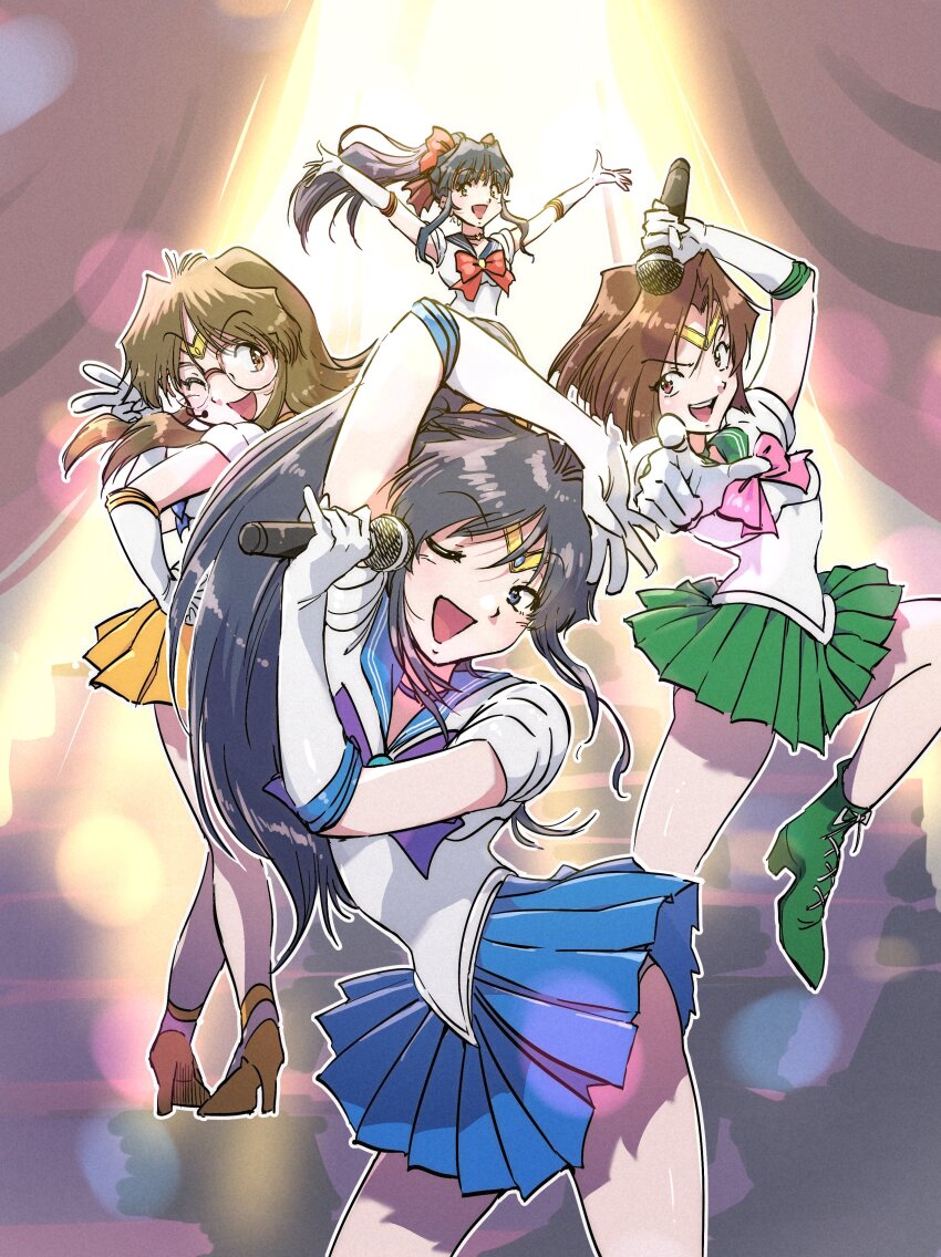 4girls absurdres arm_above_head bishoujo_senshi_sailor_moon black_hair blue_hair bow breasts brown_hair character_request cosplay crossover glasses hair_ribbon highres legs long_hair looking_at_viewer looking_back medium_breasts microphone midnamana multiple_girls music one_eye_closed open_mouth outstretched_arms pointing pointing_at_viewer ponytail red_bow ribbon sailor_jupiter sailor_mercury sailor_moon sailor_venus sakura_taisen sega shinguuji_sakura short_hair singing skirt smile thighs tongue v wink