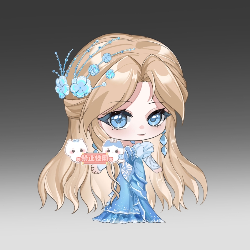 1girl bars beads black_background blonde_hair blue_arm_warmers blue_dress blue_eyes blue_flower chibi closed_mouth dress earrings eyelashes flower frilled_dress frills gown gradient_background hair_flower hair_ornament happy highres infinity_nikki jewelry light_blush lips long_dress long_hair looking_at_viewer necklace nikki_(series) parted_bangs sample_watermark simple_background single_sidelock smile solo standing strapless strapless_dress very_long_hair watermark wavy_hair whispers_of_waves_(infinity_nikki) xinjinjumin388925569805
