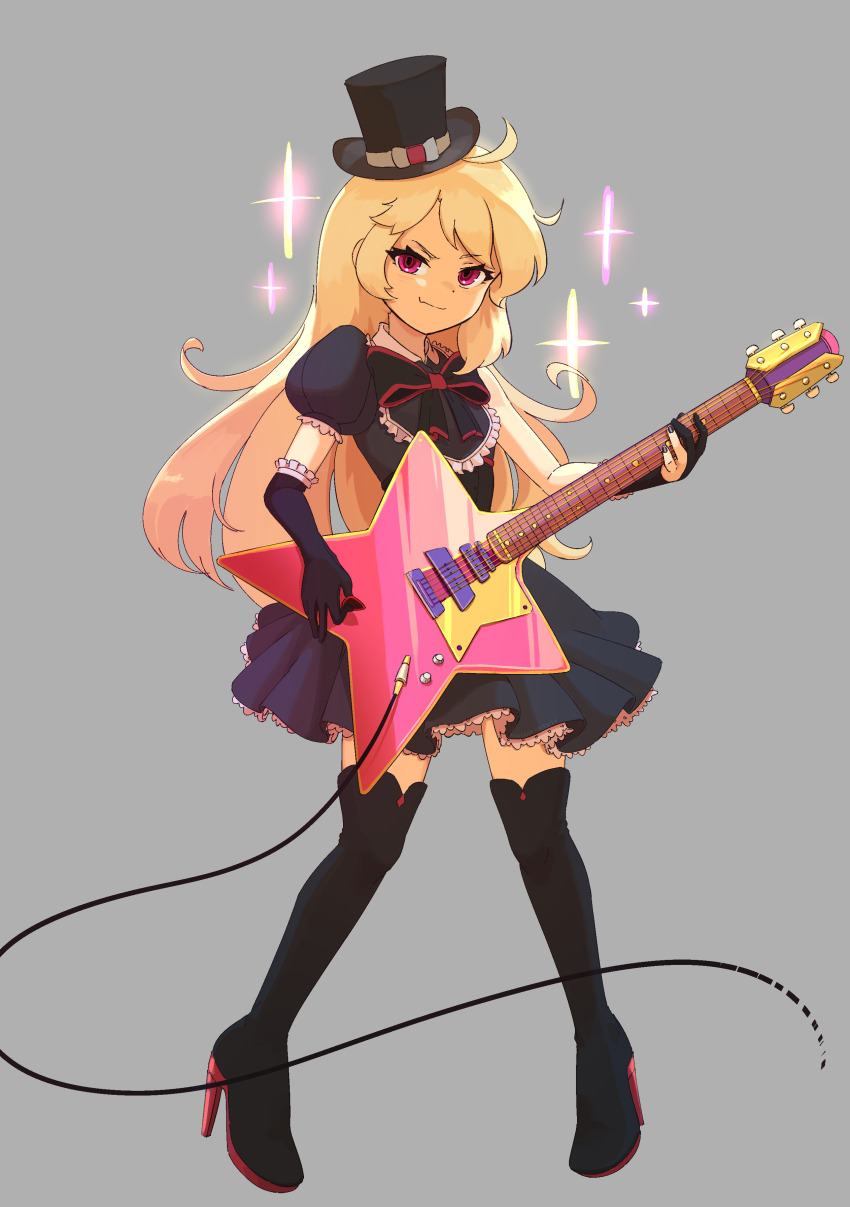 1girl absurdres adapted_costume black_boots black_gloves black_hat blonde_hair boots closed_mouth dress elbow_gloves electric_guitar full_body gloves grey_background guitar hat high_heel_boots high_heels highres instrument original pink_eyes princess_(terraria) puffy_short_sleeves puffy_sleeves short_dress short_sleeves simple_background smile solo sparkle suweeka terraria thighhighs top_hat zettai_ryouiki