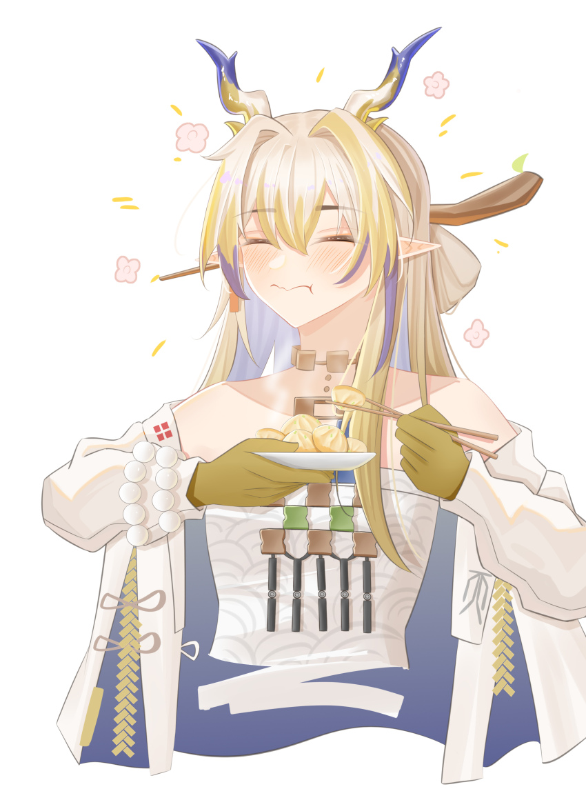 1girl absurdres airtair arknights bare_shoulders bead_necklace beads blonde_hair blush breasts chopsticks closed_eyes closed_mouth collarbone dragon_girl dragon_horns dumpling earrings eastern_dragon_horns eastern_dragon_tail eating food hair_between_eyes hair_ornament highres holding holding_chopsticks holding_plate horns jewelry long_hair long_sleeves necklace off_shoulder plate pointy_ears shu_(arknights) simple_background small_breasts solo white_background
