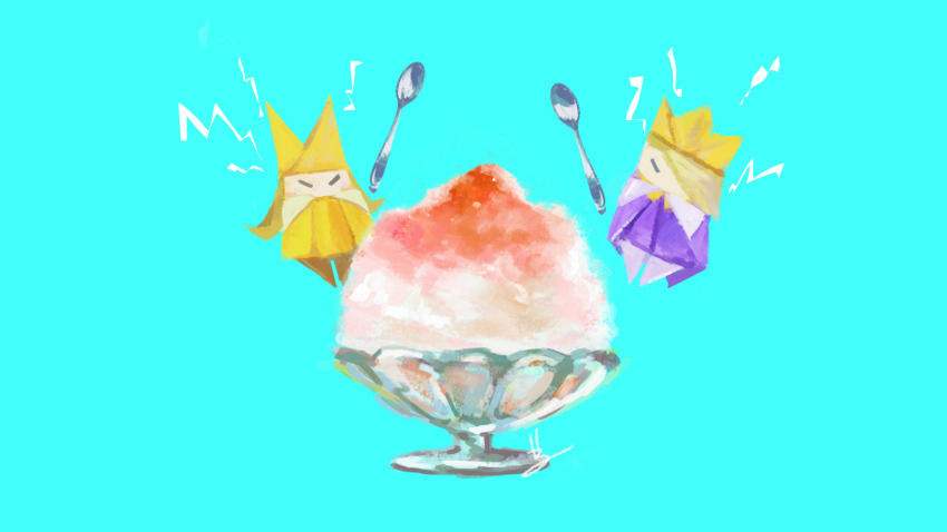 1boy 1girl blonde_hair blue_background blush_stickers botamoochi bowl brain_freeze brother_and_sister cape closed_eyes crown floating food food_bite glass_bowl hair_over_one_eye hands_on_own_face hat highres king_olly lightning_bolt_symbol long_hair mario_(series) nintendo olivia_(paper_mario) origami oversized_food oversized_object paper_mario paper_mario:_the_origami_king purple_cape purple_shirt shaved_ice shirt short_hair siblings signature simple_background spoon yellow_crown yellow_hat yellow_shirt