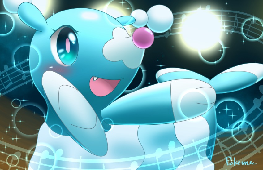 blue_eyes brionne gen_7_pokemon gradient_background highres nintendo no_humans open_mouth pokemer pokemon solo