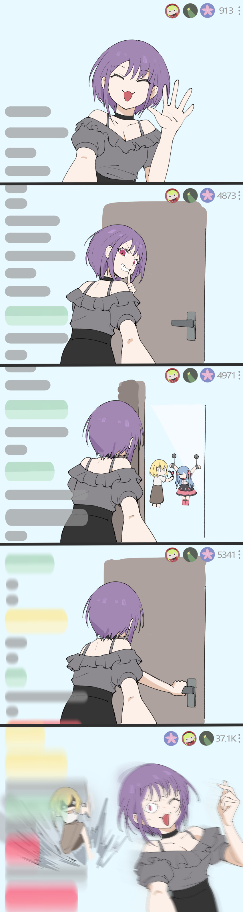 3girls :3 absurdres animal_ear_hairband animal_ears bang_dream! bang_dream!_it&#039;s_mygo!!!!! bdsm black_choker black_skirt blonde_hair blue_hair breasts cat_ear_hairband cat_ears chihaya_anon choker cleavage closed_eyes commentary dated_commentary fake_animal_ears fake_screenshot finger_heart grey_shirt hairband highres kneehighs long_hair mortis_(bang_dream!) mortis_(costume)_(bang_dream!) mortis_(persona)_(bang_dream!) multiple_girls off-shoulder_shirt off_shoulder open_mouth pink_eyes pink_socks purple_hair restrained shirt short_hair short_sleeves skirt socks togawa_sakiko wakaba_mutsumi walk-in white_shirt yuri yuutenji_nyamu yzj21333
