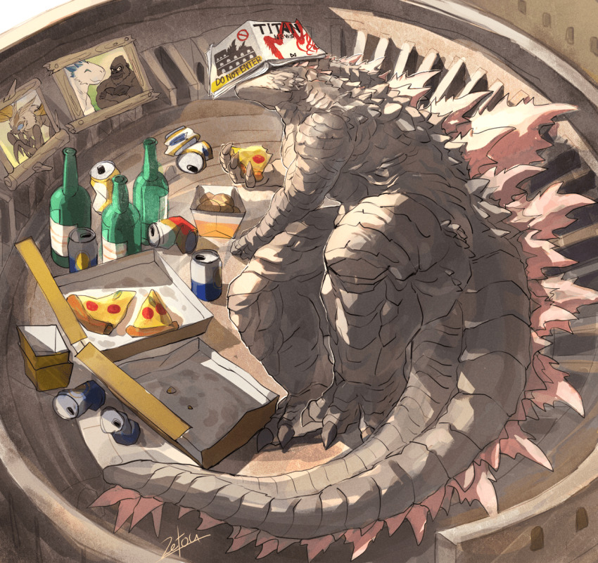 book book_on_head bottle can claws colosseum crossover food giant giant_monster godzilla godzilla_(monsterverse) godzilla_(series) godzilla_evolved godzilla_x_kong:_the_new_empire holding holding_food holding_pizza horns italy kaiju king_kong king_kong_(series) kong_(monsterverse) legendary_pictures long_tail monster monsterverse mothra no_humans object_on_head photo_(object) picture_frame pizza pizza_box pizza_slice real_world_location rome_(city) shimo_(monsterverse) sleeping spiked_tail spikes tail thagomizer toho tsk03
