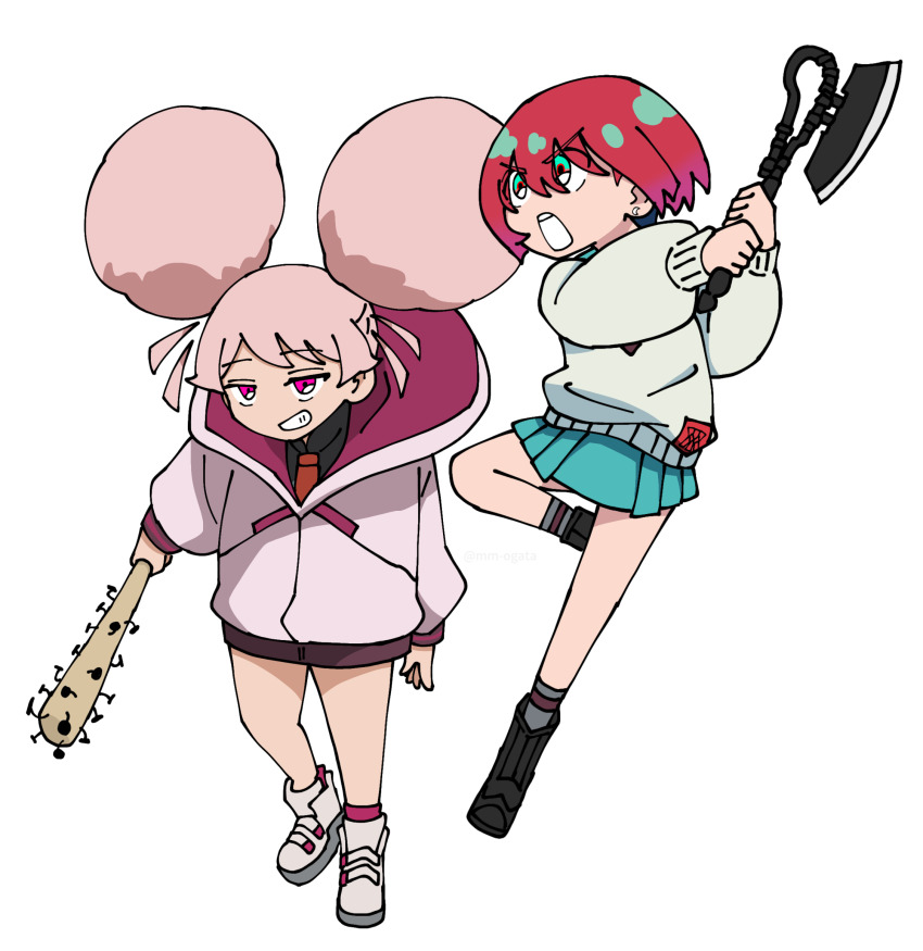 afro_puffs amate_yuzuriha aqua_eyes axe baseball_cap chuatury_panlunch crossover dress gundam gundam_gquuuuuux gundam_suisei_no_majo hair_between_eyes hat hatchet highres necktie pink_eyes pink_hair pleated_dress red_hair school_uniform short_hair spiked_bat sweater