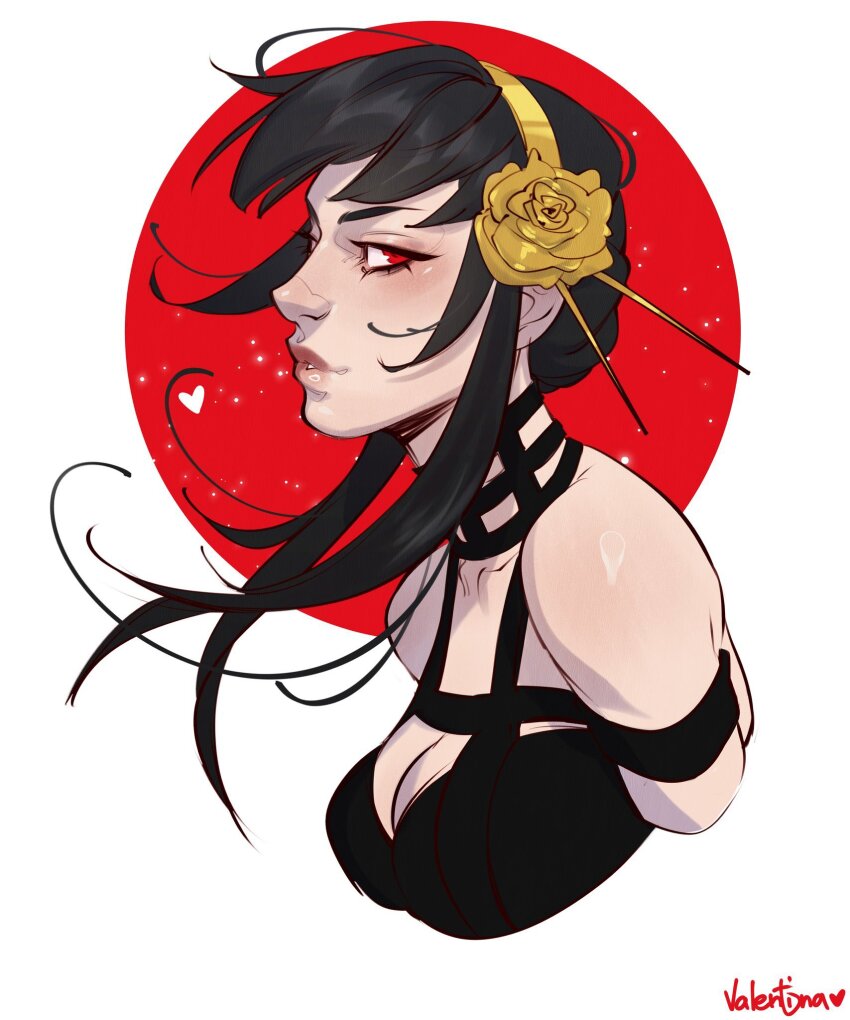 1girl artist_name black_dress black_hair breasts cleavage dress flower_hairband gold_hairband hairband heart highres looking_at_viewer looking_to_the_side medium_breasts portrait red_eyes sleeveless sleeveless_dress solo spy_x_family valentina_tavolilla yor_briar