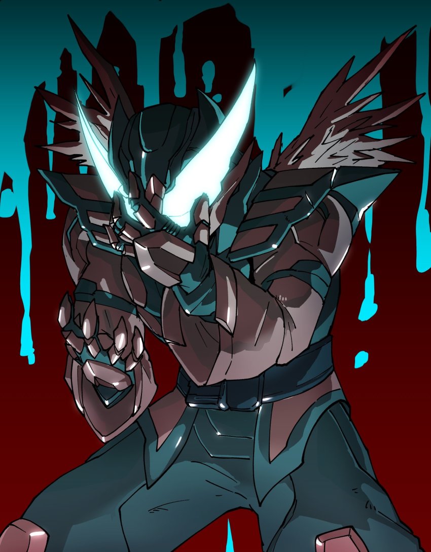 1boy amakawa_mayu angel angel_wings aqua_headwear armor belt bodysuit commentary_request corruption glowing glowing_eyes hand_on_own_face helmet highres holy_live kamen_rider kamen_rider_live kamen_rider_revice red_background splatter tokusatsu two_sidriver visor visor_(armor) white_armor white_eyes white_wings wing_genome wings