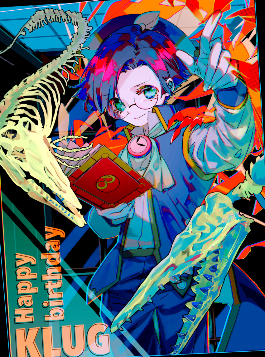 1boy absurdres animal_skeleton arm_up ascot book character_name clock closed_mouth collared_shirt cowboy_shot glasses green_eyes happy_birthday hat highres holding holding_book index_finger_raised klug_(puyopuyo) long_sleeves looking_at_viewer male_focus merumerumerume open_clothes open_vest pants pointing pointing_up purple_hat purple_pants purple_vest puyopuyo round_eyewear shirt short_hair smile solo vest white_ascot white_shirt wing_hat_ornament