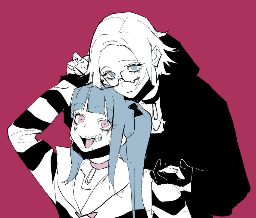 1boy 1girl adc_mt amemiya_darumi aotsuki_eito black_bow black_hoodie blue_eyes blue_hair bow collar glasses heart highres holding_hands hood hoodie long_sleeves looking_at_viewer open_mouth pink_eyes red_background red_collar safety_pin shirt short_hair striped_clothes striped_shirt the_hundred_line_-last_defense_academy- twintails white_hair