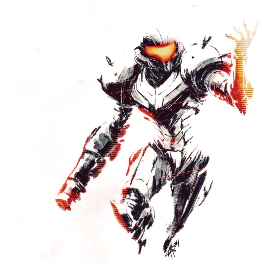 1girl alzandahh arm_cannon armor assault_visor commentary english_commentary facing_viewer gun helmet highres metroid monochrome nintendo power_armor power_suit_(metroid) samus_aran science_fiction simple_background sketch solo varia_suit weapon white_background