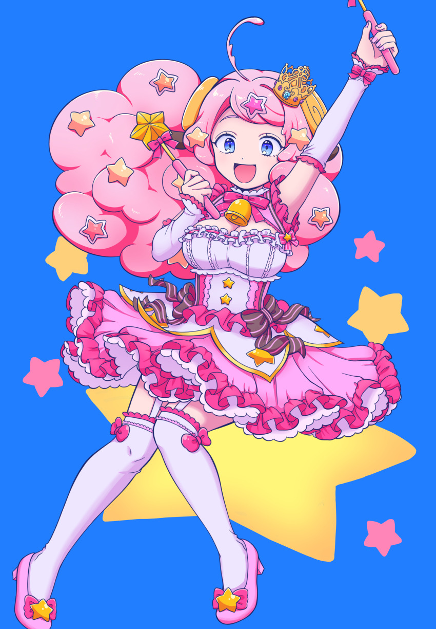 1girl :d absurdres ahoge animal_ears arms_up bell blue_eyes bow breasts chiyo_nori cleavage cleavage_cutout clothing_cutout crown detached_sleeves fluffy_hair footwear_bow frilled_skirt frilled_thighhighs frills full_body garter_straps hair_ornament highres holding holding_wand horns knees_together_feet_apart layered_skirt long_hair magical_girl mini_crown moa_(show_by_rock!!) neck_bell neck_ribbon open_mouth outstretched_arm pink_hair pink_shoes pink_skirt ribbon sheep_ears sheep_girl sheep_horns shoes show_by_rock!! simple_background skirt smile solo star_(symbol) star_hair_ornament thighhighs wand white_thighhighs