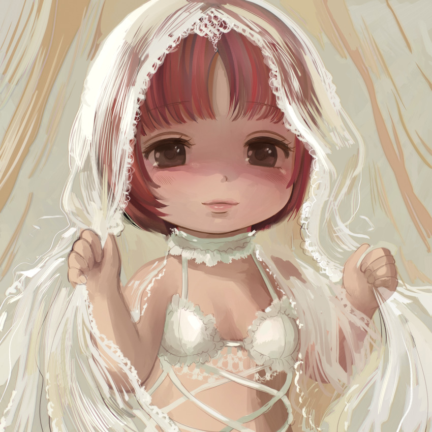1girl black_jack_(series) blunt_bangs blush bob_cut bra bridal_lingerie bridal_veil choker eyelashes highres lingerie lips loli nsfmeows painterly parted_bangs pink_lips pinoko scar shiny_eyes short_hair solo toddlercon underwear veil