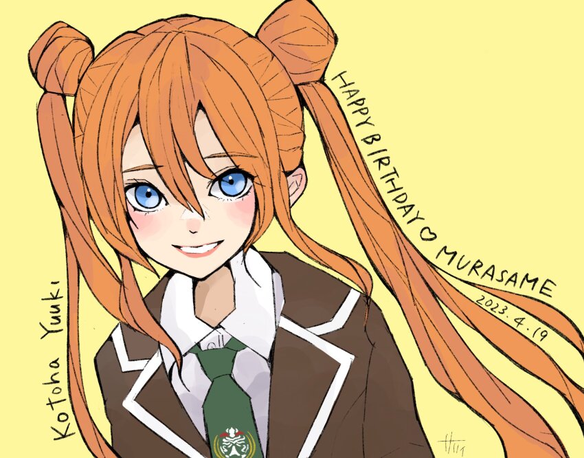 1girl arms_at_sides artist_name assault_lily black_jacket blue_eyes blush character_name collared_shirt commentary dated double_bun emblem green_necktie grin hair_between_eyes hair_bun happy_birthday heart highres jacket kusakabe_murasame long_bangs long_hair long_sleeves looking_at_viewer necktie orange_hair parted_lips sally_(allogkk) school_uniform shirt simple_background smile solo twintails upper_body white_shirt yellow_background