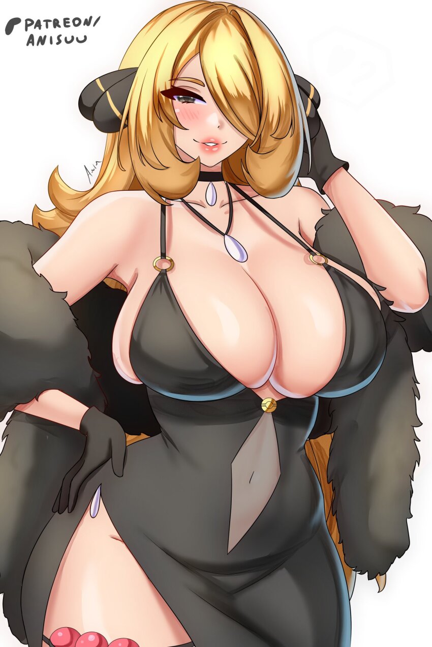 1girl anisdrawn arm_up black_choker black_dress black_gloves blush breasts choker cleavage covered_navel cynthia_(pokemon) dress feather_boa game_freak gloves grey_eyes hair_over_one_eye hand_on_own_hip highres large_breasts lips long_hair nintendo parted_lips pokemon pokemon_dppt side_slit simple_background solo strap_gap very_long_hair white_background