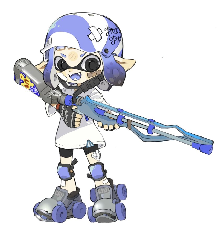 1girl :d bandage_on_face bandage_on_leg bandages bandaid bandaid_on_face bike_shorts black_eyes black_gloves blue_hair blue_tongue colored_tongue fangs fingerless_gloves gloves heel_up helmet highres holding inkling inkling_girl inkling_player_character knee_pads korean_commentary legs_apart nintendo open_mouth pointy_ears roller_skates shirt short_hair short_sleeves simple_background skates smile solo splatoon_(series) squiffer_(splatoon) standing tentacle_hair v-shaped_eyebrows white_background white_shirt yabi_(akfkzkcl)