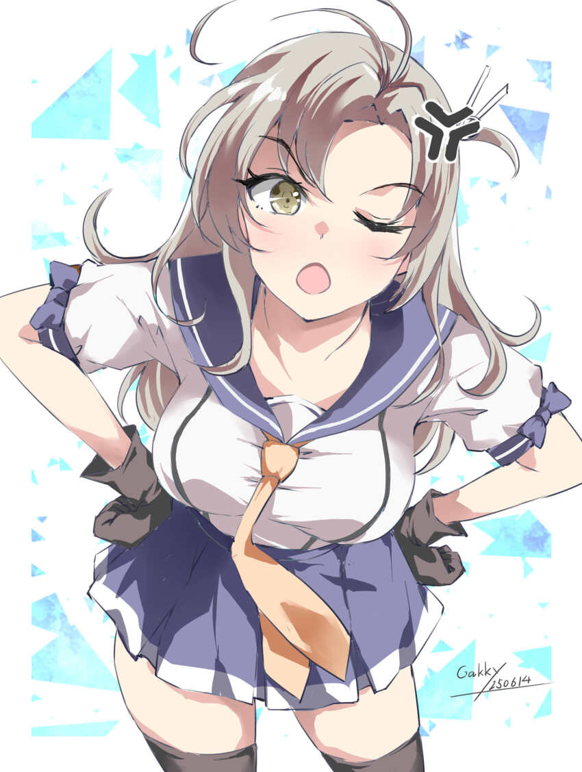 1girl angry antenna_hair artist_name black_thighhighs breasts cowboy_shot dated gakky green_eyes grey_hair hair_tie highres kantai_collection kinugasa_(kancolle) kinugasa_kai_ni_(kancolle) looking_at_viewer medium_breasts neckerchief necktie one_eye_closed one_side_up open_mouth purple_sailor_collar purple_skirt sailor_collar school_uniform serafuku skirt smile solo thighhighs white_background yellow_neckerchief yellow_necktie