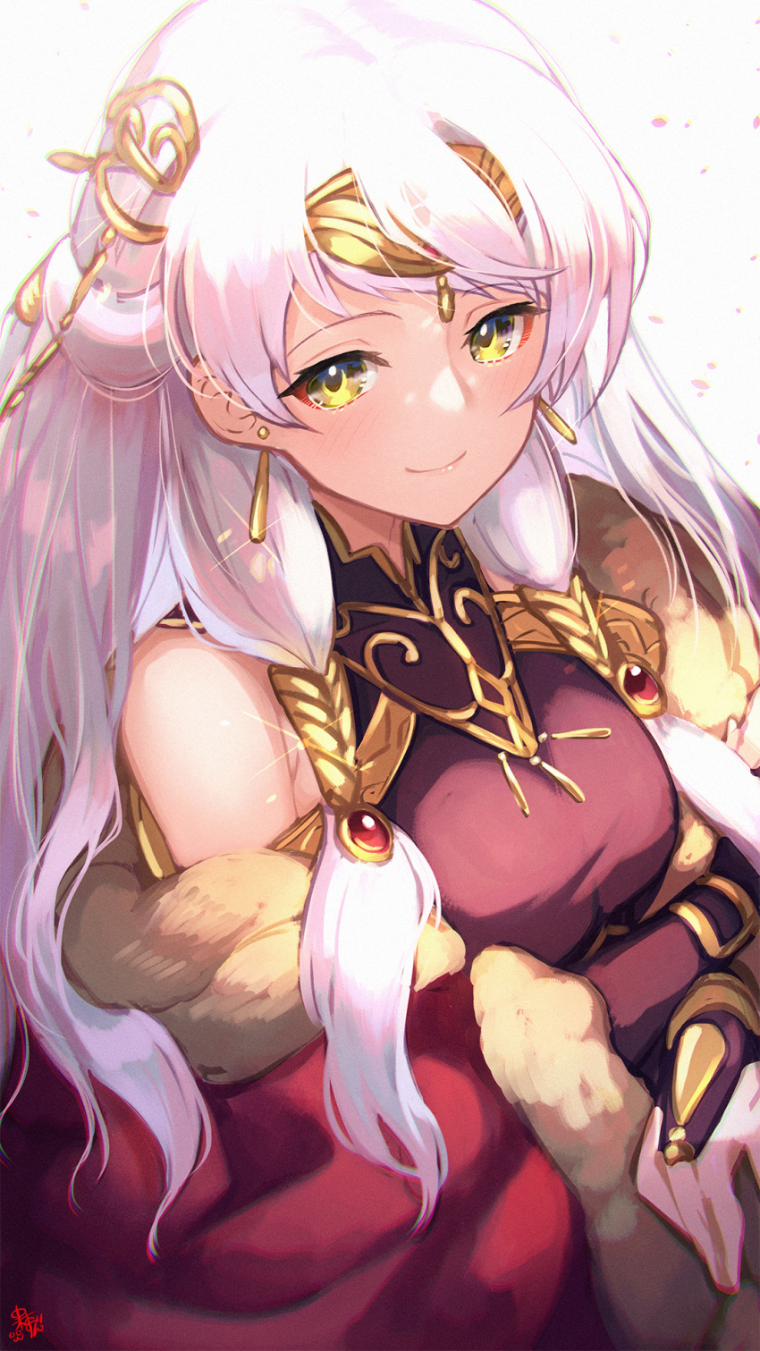 1girl bare_shoulders blush breasts bridal_gauntlets brown_dress cape closed_mouth commentary_request crossed_arms dress earrings fire_emblem fire_emblem:_radiant_dawn fire_emblem_heroes fur-trimmed_cape fur_trim hair_ornament highres jewelry lips long_hair looking_at_viewer medium_breasts micaiah_(fire_emblem) micaiah_(radiant_queen)_(fire_emblem) nakabayashi_zun nintendo off_shoulder petals pink_lips red_cape smile solo tiara upper_body white_background white_hair yellow_eyes