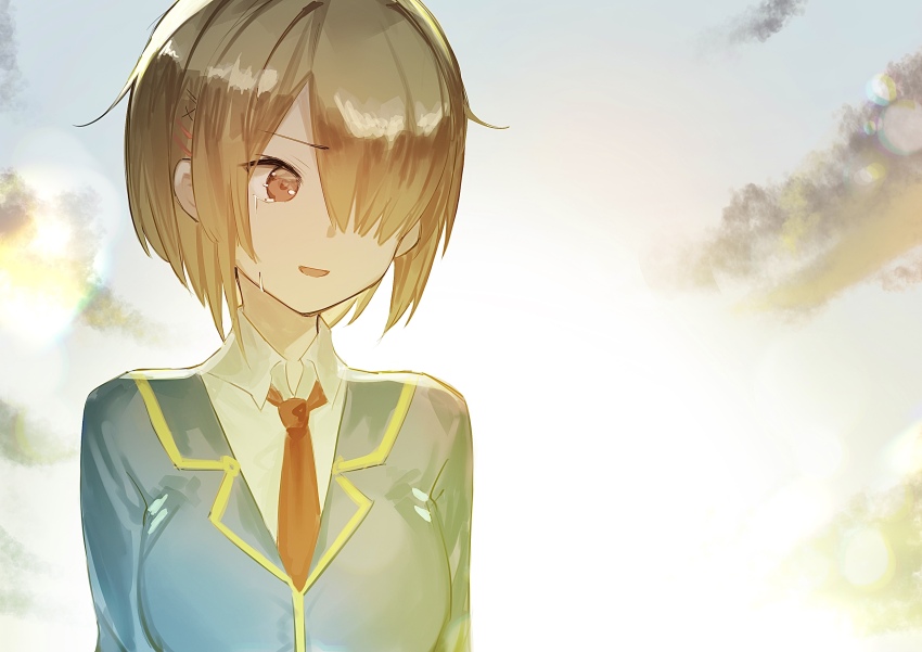 1girl absurdres blonde_hair blue_jacket crying hair_ornament hair_over_one_eye hairclip heaven_burns_red highres jacket kayamori_ruka kr_woyue necktie red_eyes shirt short_hair solo tears white_shirt