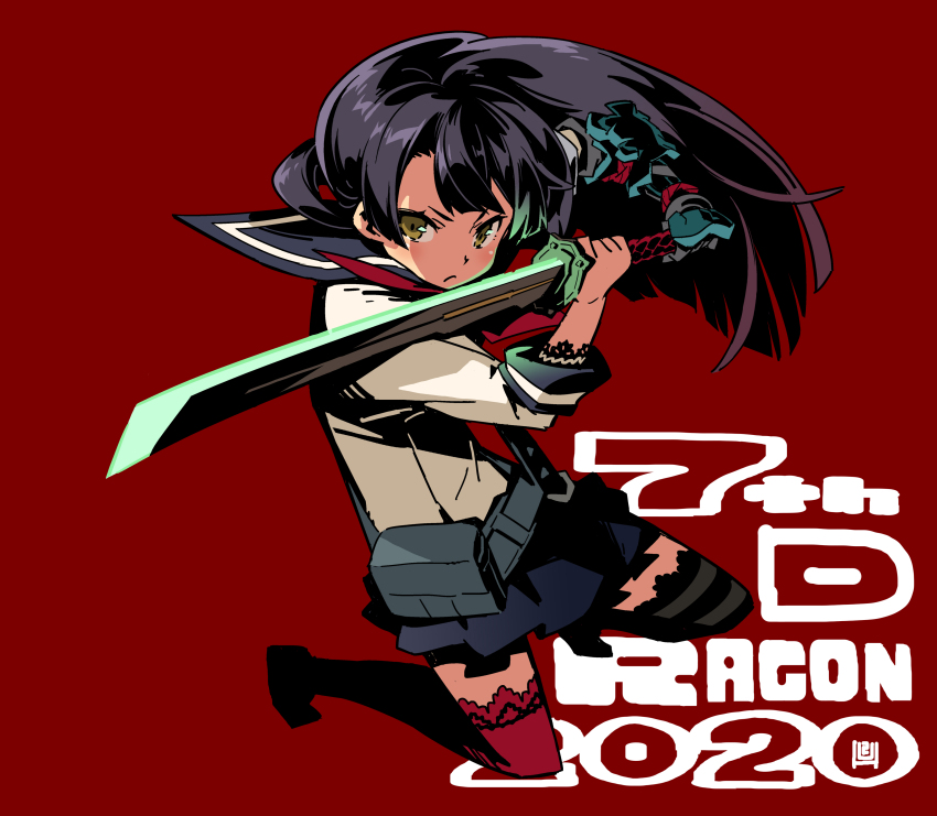 1girl 7th_dragon_(series) 7th_dragon_2020 absurdres asymmetrical_legwear black_hair brown_eyes floating_hair full_body gloves highres himukai_yuuji holding holding_sword holding_weapon katana katanako long_hair looking_at_viewer mismatched_legwear red_background red_thighhighs samurai_(7th_dragon) school_uniform serafuku serious single_glove skirt solo striped_clothes striped_thighhighs sword thighhighs weapon zettai_ryouiki