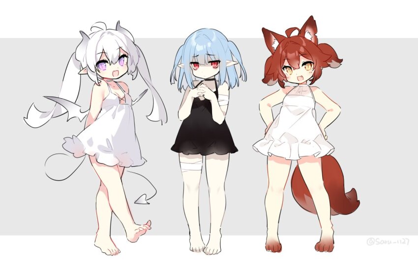 3girls :d ahoge animal_ear_fluff animal_ears arms_behind_back bandaged_arm bandaged_leg bandages bare_arms bare_shoulders barefoot black_choker black_dress blue_hair blush brown_hair choker closed_mouth commentary_request demon_girl demon_horns demon_tail demon_wings dress fang fox_ears fox_girl fox_tail grey_background grey_wings hair_between_eyes hands_up horns long_hair multiple_girls open_mouth original own_hands_together pointy_ears purple_eyes red_eyes saru sleeveless sleeveless_dress smile soles tail twintails twitter_username two-tone_background two_side_up very_long_hair walking white_background white_dress white_hair wings yellow_eyes